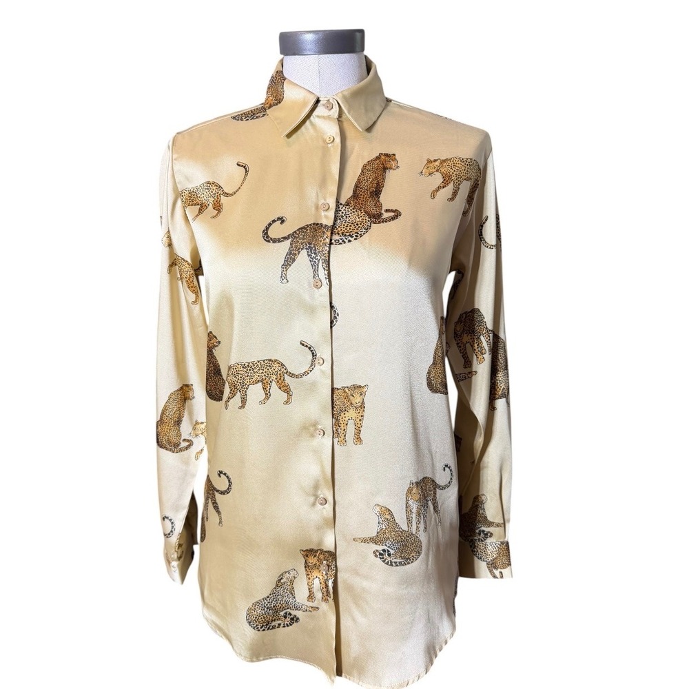 Zara Leopard Print Satin Button Down‎ Blouse Champagne Gold XS 8844/230/307
